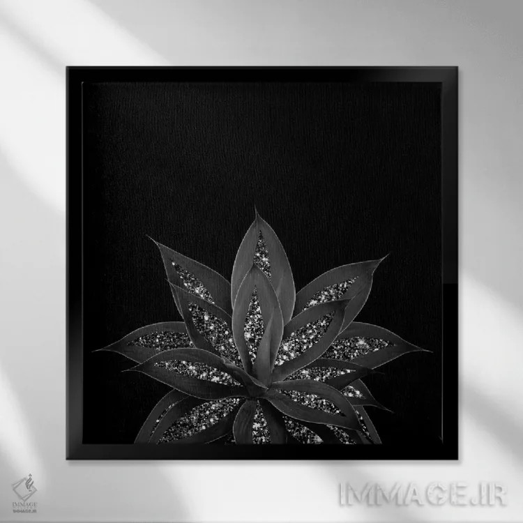 تابلو آگاو خاکستری-سیاه با درخشش سیاه و نقرهای II اثر هنر آنیتا و بلا - نمای قابدار مشکی