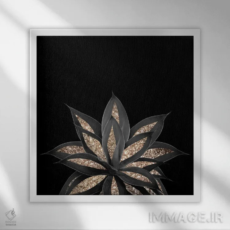 تابلو آگاو خاکستری-سیاه با درخشش طلایی I اثر هنر آنیتا و بلا - نمای قابدار سفید