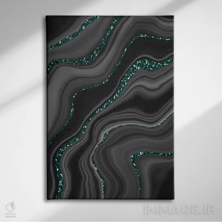تابلو رویای عقیق سیاه، خاکستری و سفید با درخشش مایع III اثر هنر آنیتا و بلا - نمای روبهرو روی دیوار
