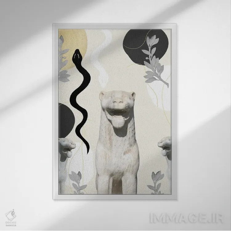 تابلو شیر و مار با ظرافت I اثر هنر آنیتا و بلا - نمای قابدار سفید