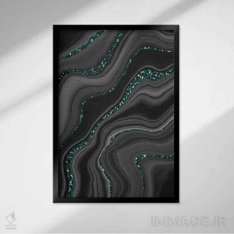 تابلو رویای عقیق سیاه، خاکستری و سفید با درخشش مایع III اثر هنر آنیتا و بلا - نمای قابدار مشکی