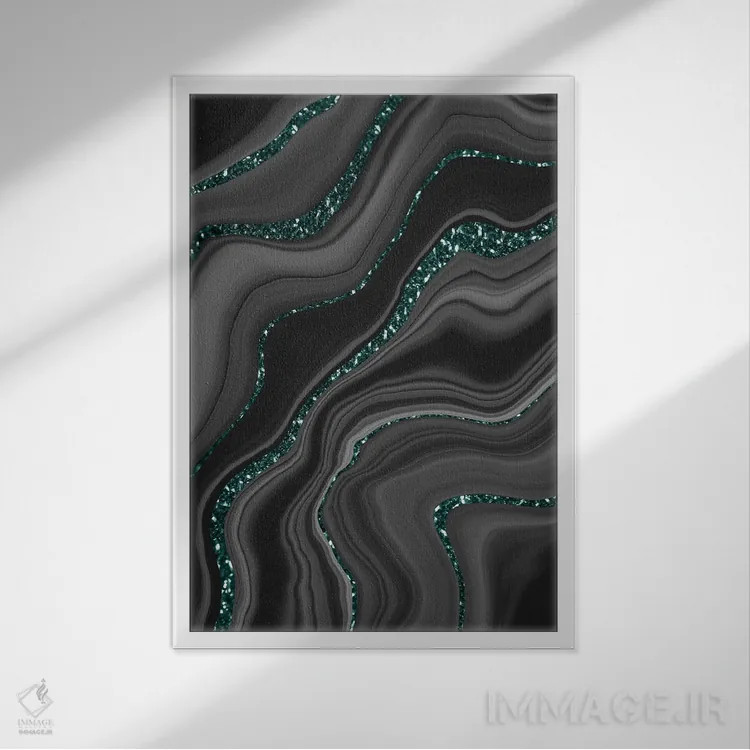 تابلو رویای عقیق سیاه، خاکستری و سفید با درخشش مایع III اثر هنر آنیتا و بلا - نمای قابدار سفید