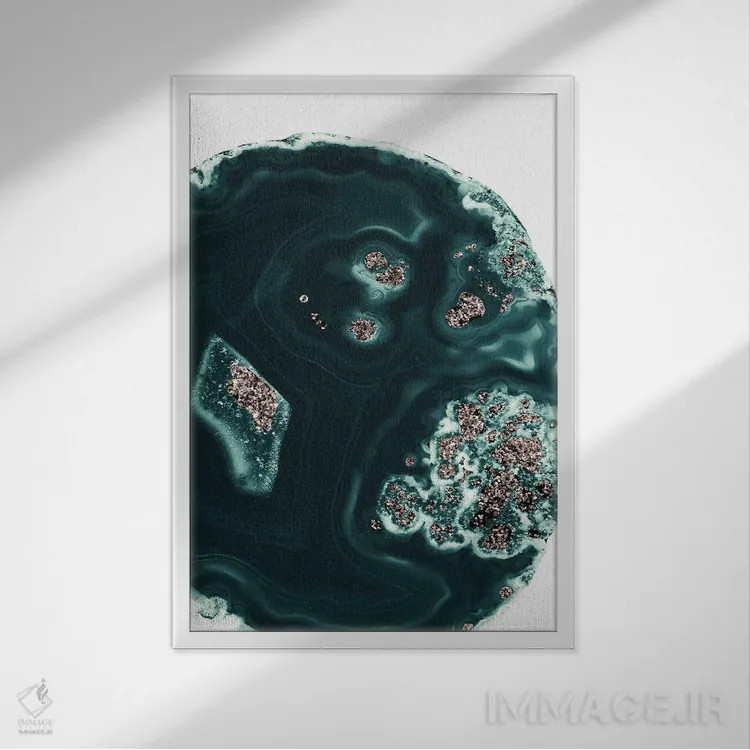 تابلو مالاکیت با درخشش رزگلد I اثر هنر آنیتا و بلا - نمای قابدار سفید