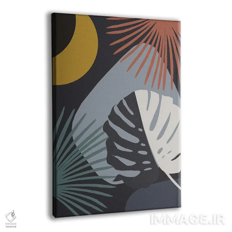تابلو ین و یانگ مینیمال با برگ مانسترا و نخل به سبک شب با ظرافت I اثر هنر آنیتا و بلا - نمای پرسپکتیو محصول