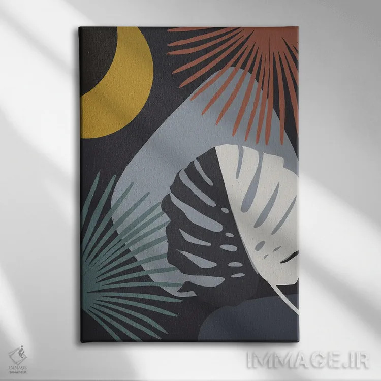 تابلو ین و یانگ مینیمال با برگ مانسترا و نخل به سبک شب با ظرافت I اثر هنر آنیتا و بلا - نمای روبهرو روی دیوار