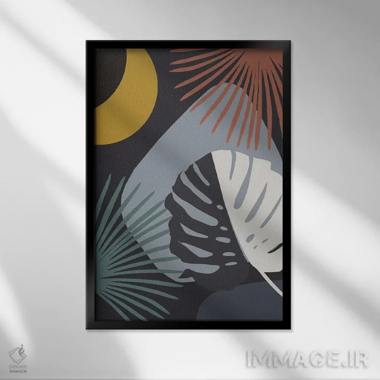 تابلو ین و یانگ مینیمال با برگ مانسترا و نخل به سبک شب با ظرافت I اثر هنر آنیتا و بلا - نمای قابدار مشکی