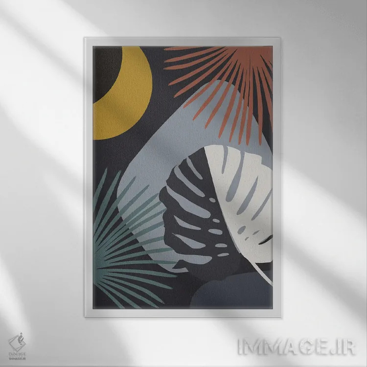 تابلو ین و یانگ مینیمال با برگ مانسترا و نخل به سبک شب با ظرافت I اثر هنر آنیتا و بلا - نمای قابدار سفید