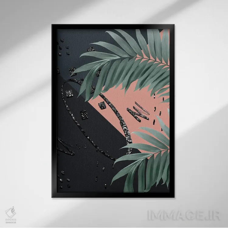 تابلو نخلهای شبانه با حس کالیفرنیا و درخشش پرزرقوبرق انتزاعی III اثر هنر آنیتا و بلا - نمای قابدار مشکی