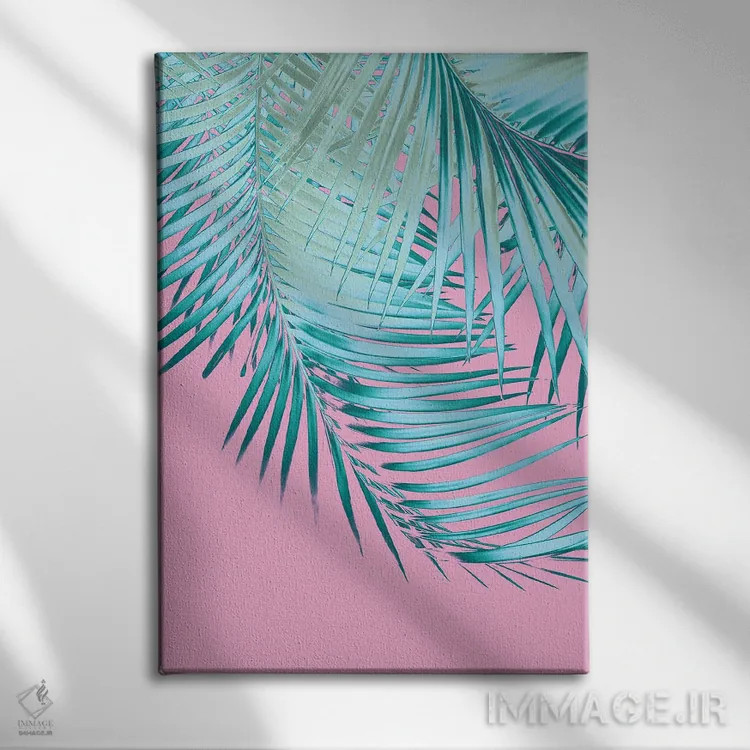 تابلو برگ نخل با حس صورتی و آبی I اثر هنر آنیتا و بلا - نمای روبهرو روی دیوار