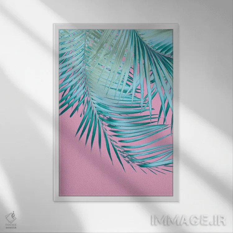 تابلو برگ نخل با حس صورتی و آبی I اثر هنر آنیتا و بلا - نمای قابدار سفید