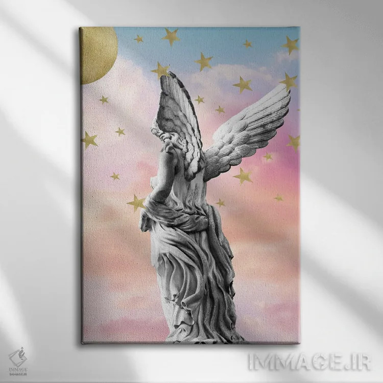 تابلو رویای فرشته مرمر پاستلی و آسمان پرستاره I اثر هنر آنیتا و بلا - نمای روبهرو روی دیوار