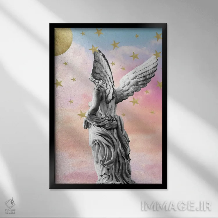 تابلو رویای فرشته مرمر پاستلی و آسمان پرستاره I اثر هنر آنیتا و بلا - نمای قابدار مشکی