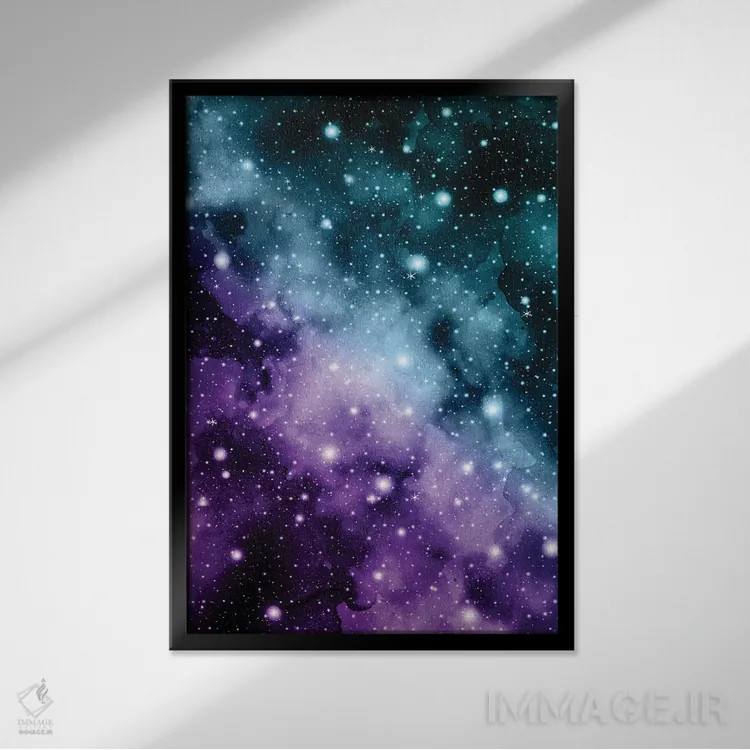 تابلو رویای سحابی کهکشانی بنفش و سبزآبی III اثر هنر آنیتا و بلا - نمای قابدار مشکی