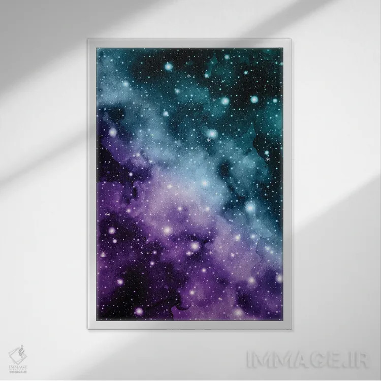 تابلو رویای سحابی کهکشانی بنفش و سبزآبی III اثر هنر آنیتا و بلا - نمای قابدار سفید