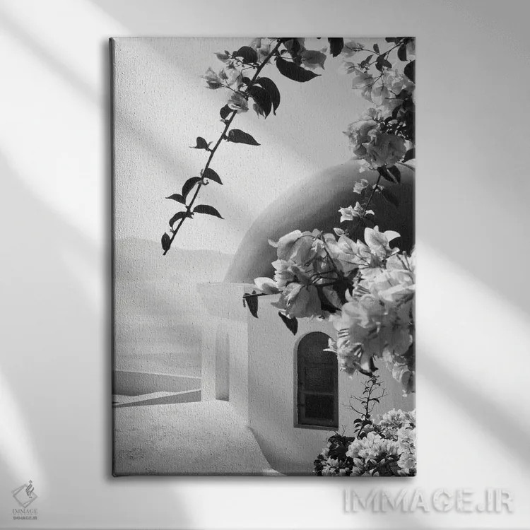 تابلو اویای سانتورینی سیاه و سفید III (محلهای در سانتورینی) اثر هنر آنیتا و بلا - نمای روبهرو روی دیوار