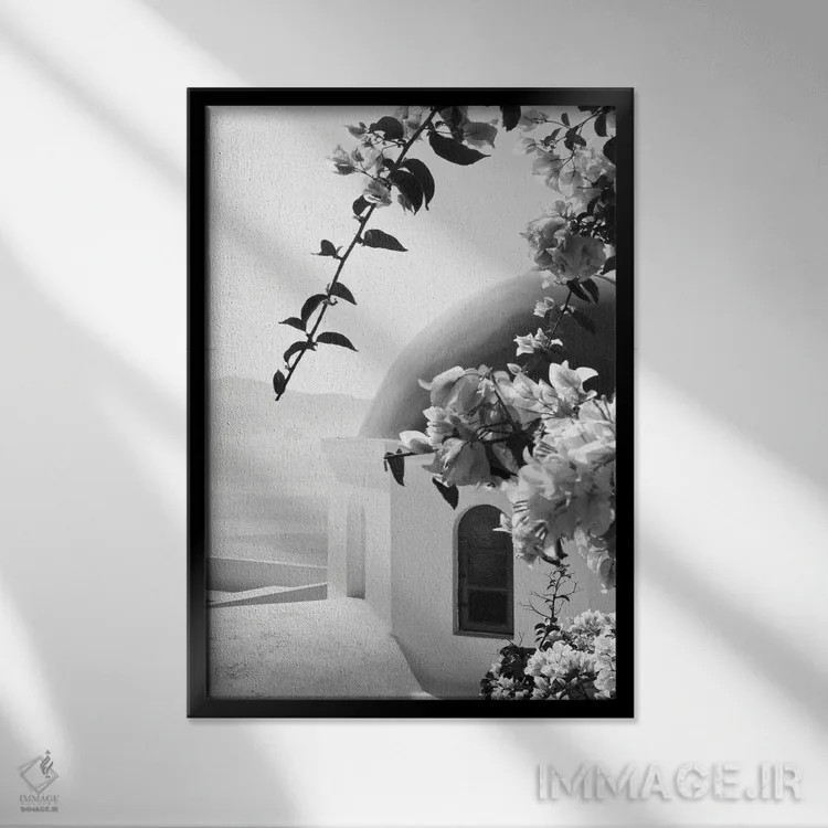 تابلو اویای سانتورینی سیاه و سفید III (محلهای در سانتورینی) اثر هنر آنیتا و بلا - نمای قابدار مشکی