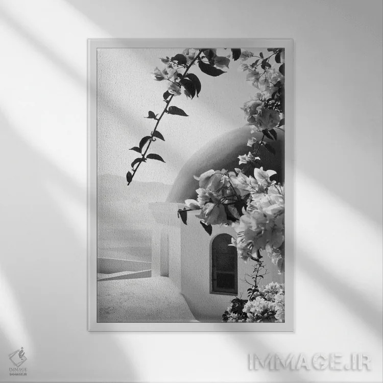 تابلو اویای سانتورینی سیاه و سفید III (محلهای در سانتورینی) اثر هنر آنیتا و بلا - نمای قابدار سفید