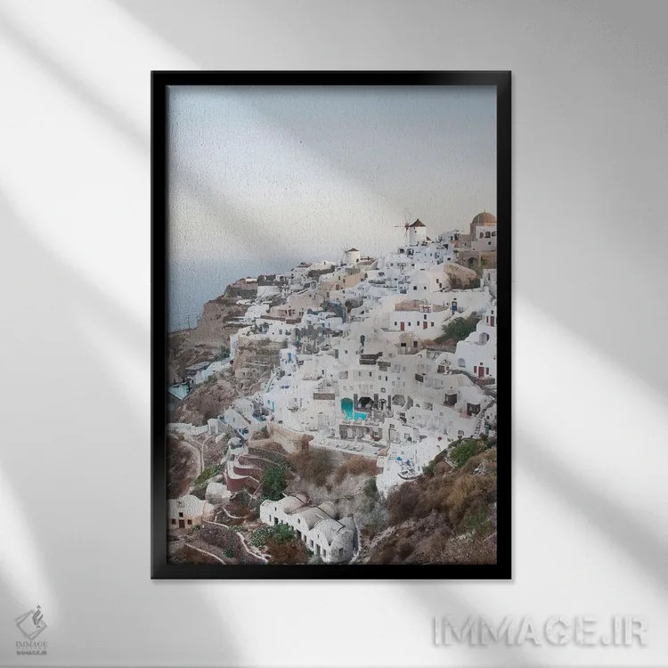تابلو رویای غروب اویای سانتورینی I (محلهای در سانتورینی) اثر هنر آنیتا و بلا - نمای قابدار مشکی