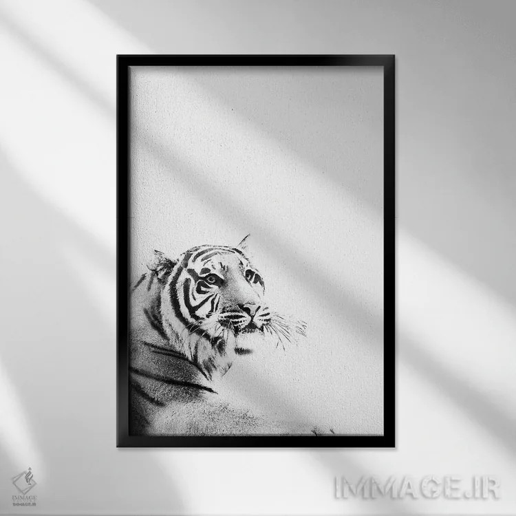 تابلو ببر سیاه و سفید I اثر هنر آنیتا و بلا - نمای قابدار مشکی