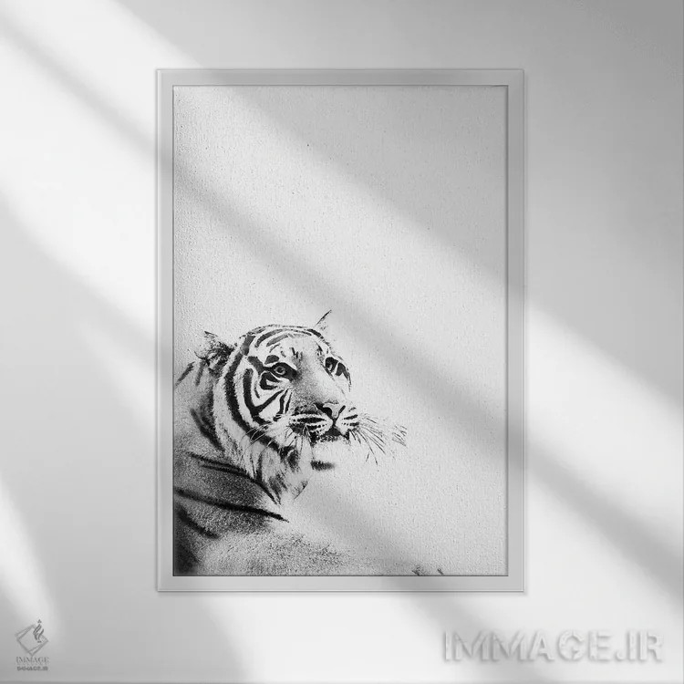 تابلو ببر سیاه و سفید I اثر هنر آنیتا و بلا - نمای قابدار سفید