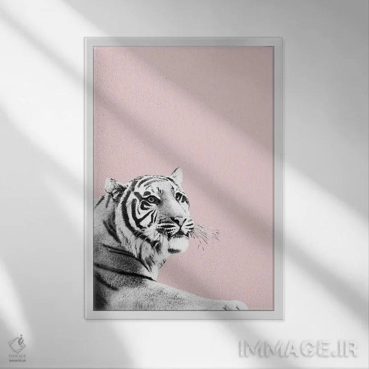 تابلو ببر سیاه و سفید بر زمینهٔ رنگ گونه I اثر هنر آنیتا و بلا - نمای قابدار سفید