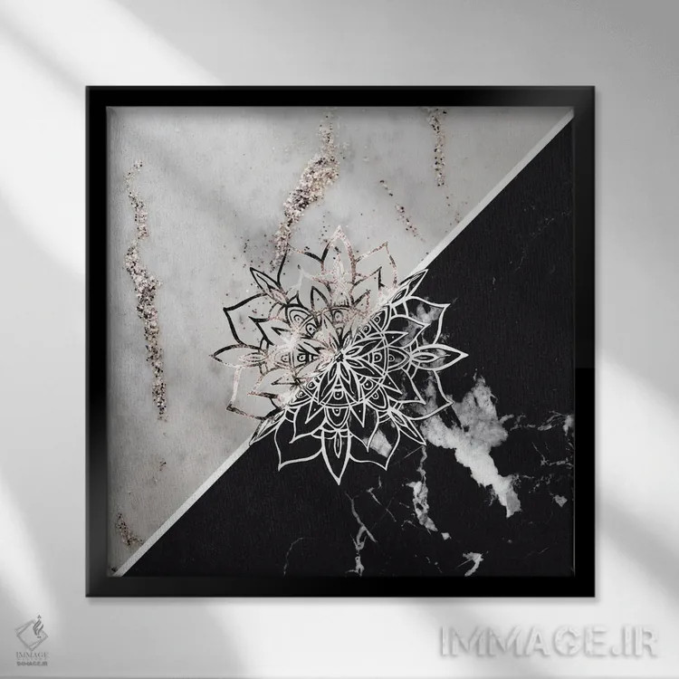 تابلو ماندالای یین یانگ بر روی مرمر I اثر هنر آنیتا و بلا - نمای قابدار مشکی