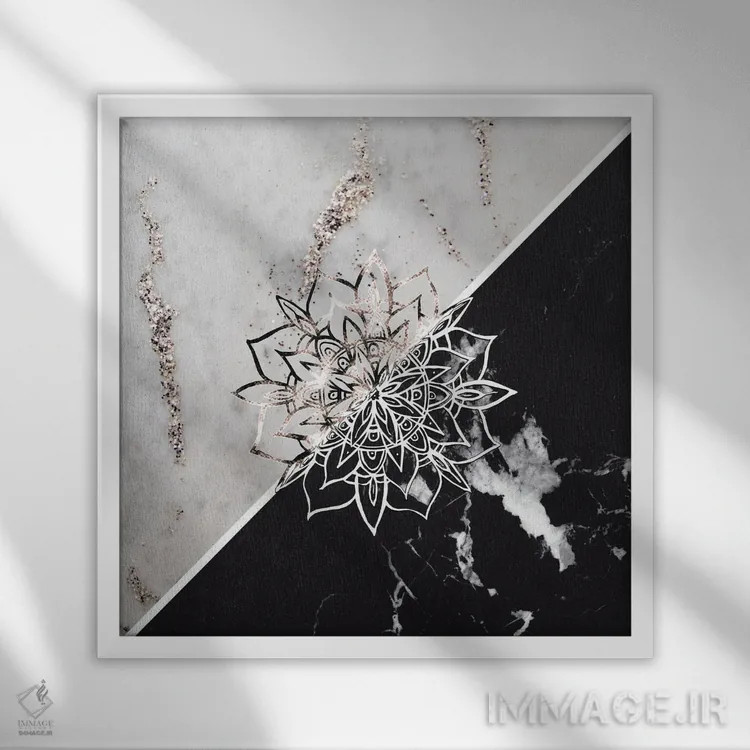 تابلو ماندالای یین یانگ بر روی مرمر I اثر هنر آنیتا و بلا - نمای قابدار سفید