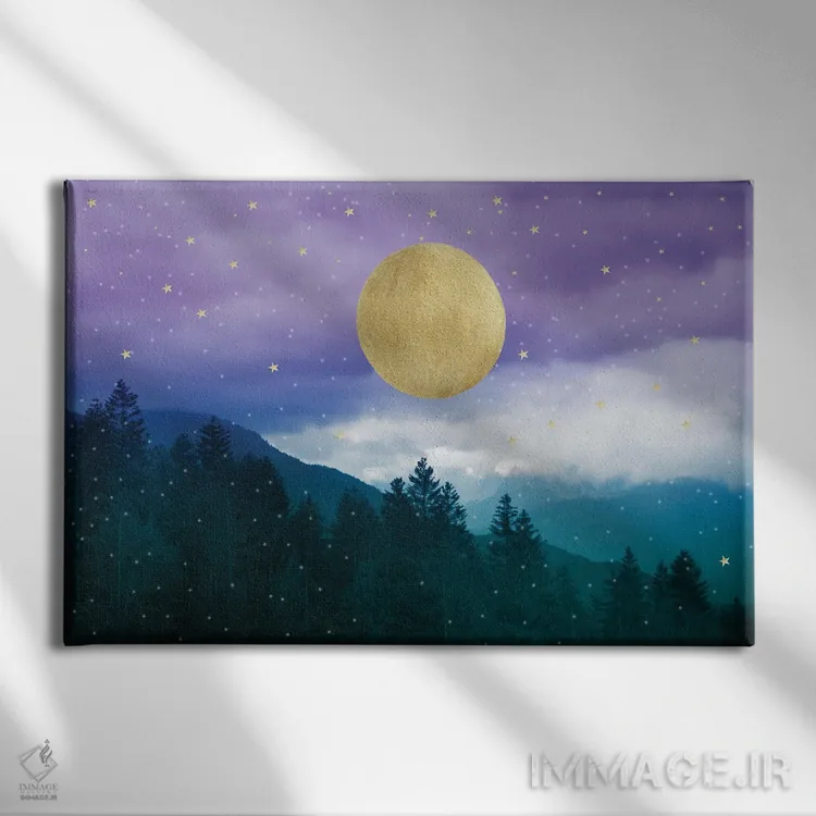 تابلو منظرهٔ شب کوهستانی بنفش و سبزآبی رؤیایی I اثر هنر آنیتا و بلا - نمای روبهرو روی دیوار