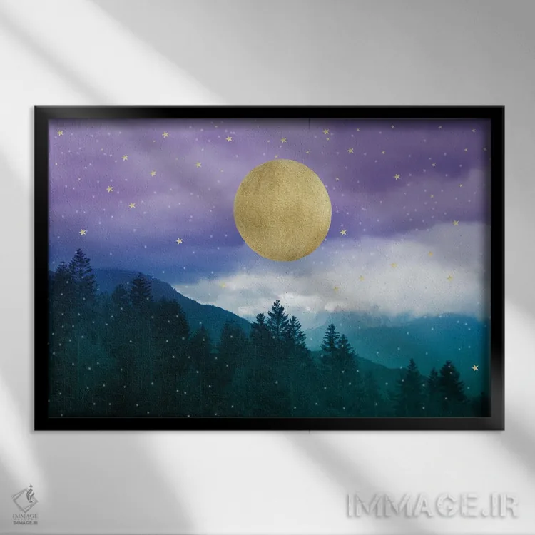 تابلو منظرهٔ شب کوهستانی بنفش و سبزآبی رؤیایی I اثر هنر آنیتا و بلا - نمای قابدار مشکی