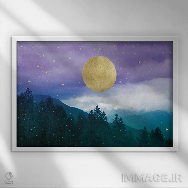 تابلو منظرهٔ شب کوهستانی بنفش و سبزآبی رؤیایی I اثر هنر آنیتا و بلا - نمای قابدار سفید