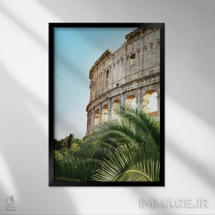 تابلو کلوسئوم رم همراه با نخل دوم اثر هنر آنیتا و بلا - نمای قابدار مشکی