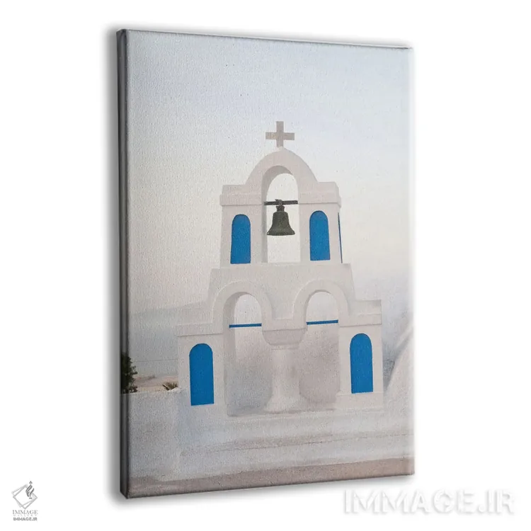 تابلو برج ناقوس سفید و آبی اویا سانتورینی یک اثر هنر آنیتا و بلا - نمای پرسپکتیو محصول