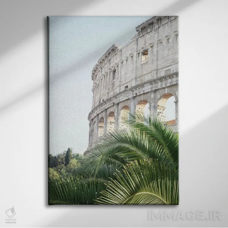 تابلو کلوسئوم رم همراه با نخل یک اثر هنر آنیتا و بلا - نمای روبهرو روی دیوار