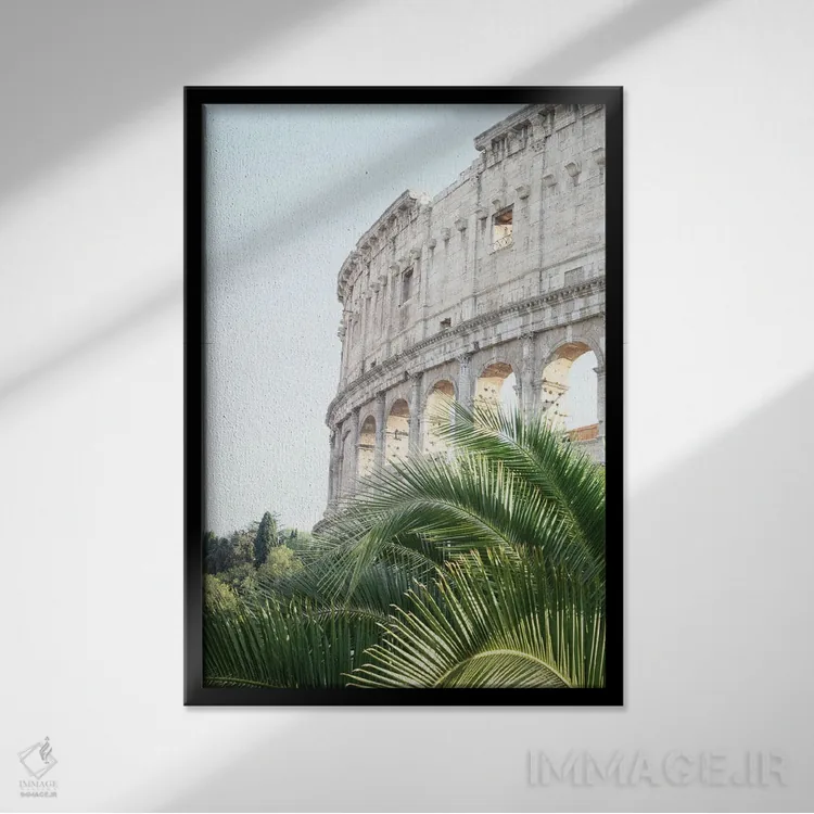 تابلو کلوسئوم رم همراه با نخل یک اثر هنر آنیتا و بلا - نمای قابدار مشکی