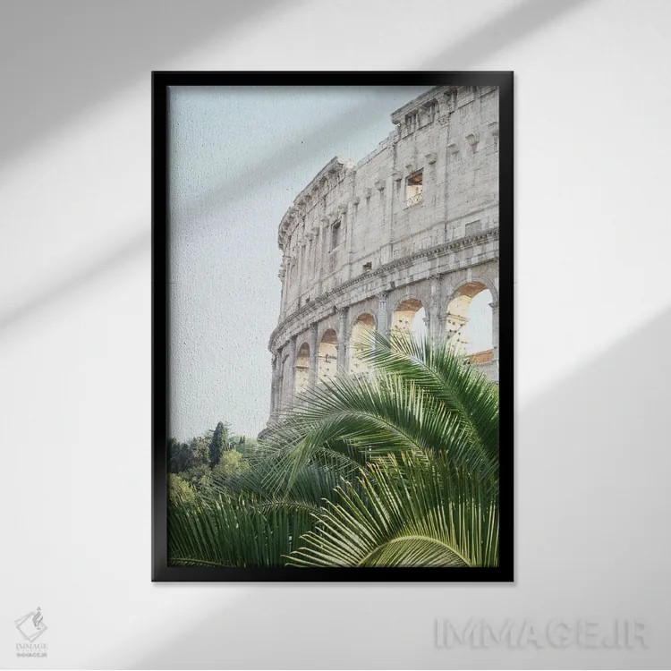 تابلو کلوسئوم رم همراه با نخل یک اثر هنر آنیتا و بلا - نمای قابدار مشکی