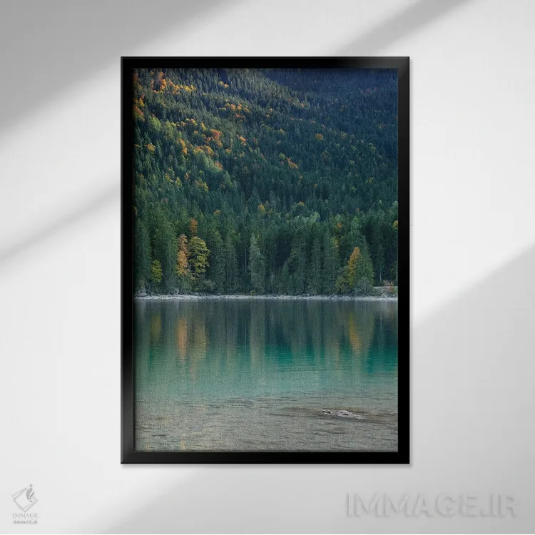 تابلو بازتاب درختان در دریاچه دوم اثر هنر آنیتا و بلا - نمای قابدار مشکی
