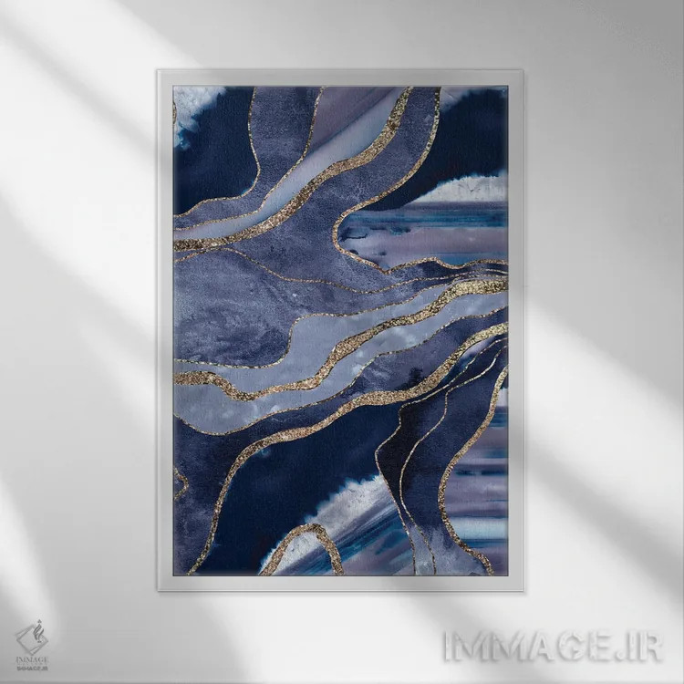 تابلو شکوه مرمر آبی عقیق و درخشش طلایی یک اثر هنر آنیتا و بلا - نمای قابدار سفید