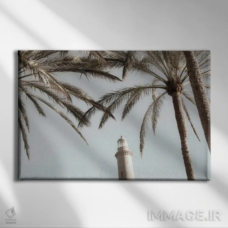 تابلو فانوس دریایی و نخلها اثر هنر آنیتا و بلا - نمای روبهرو روی دیوار