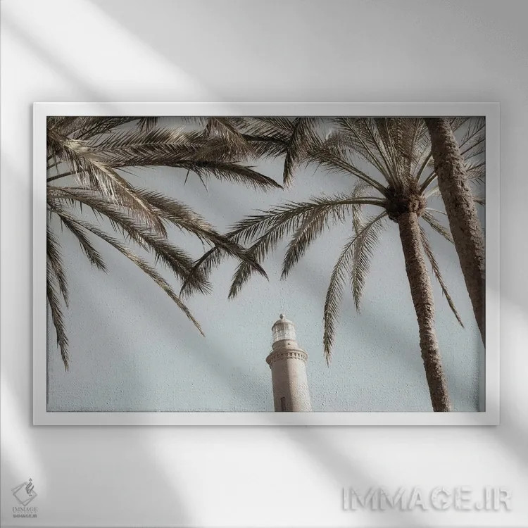 تابلو فانوس دریایی و نخلها اثر هنر آنیتا و بلا - نمای قابدار سفید
