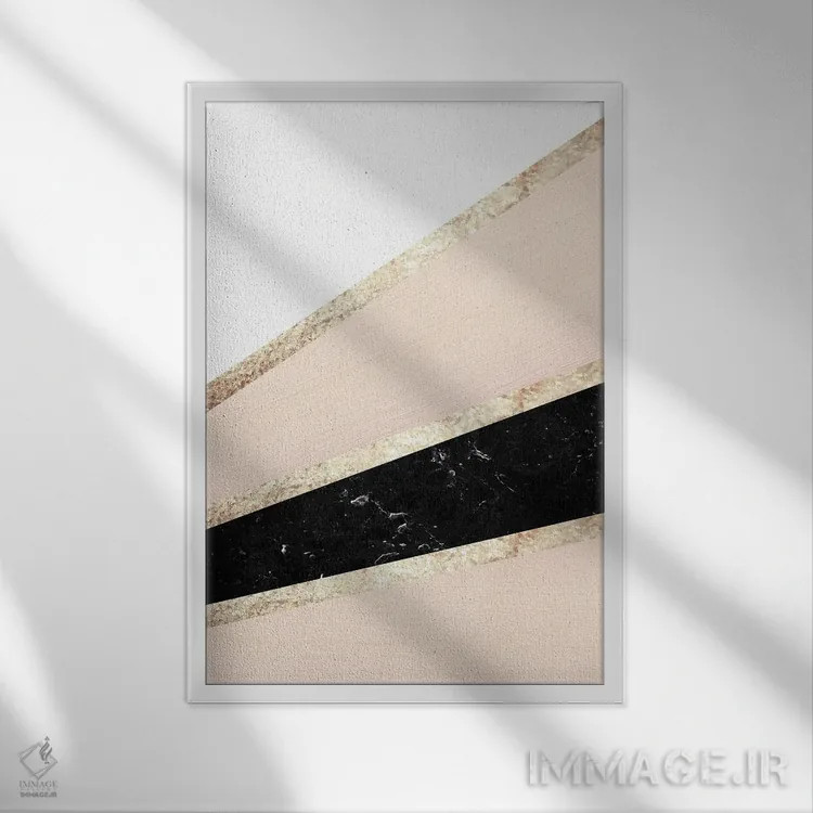 تابلو طرح مرمری صورتی، سفید، مشکی و رگههای طلای گل سرخ یکم اثر هنر آنیتا و بلا - نمای قابدار سفید