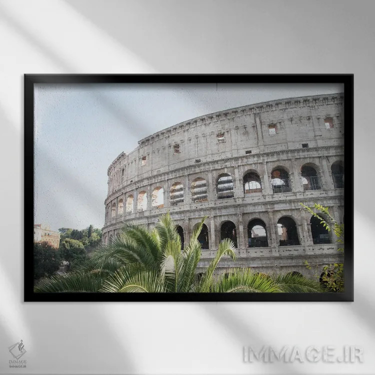 تابلو کلوسئوم رم همراه با نخل سوم اثر هنر آنیتا و بلا - نمای قابدار مشکی
