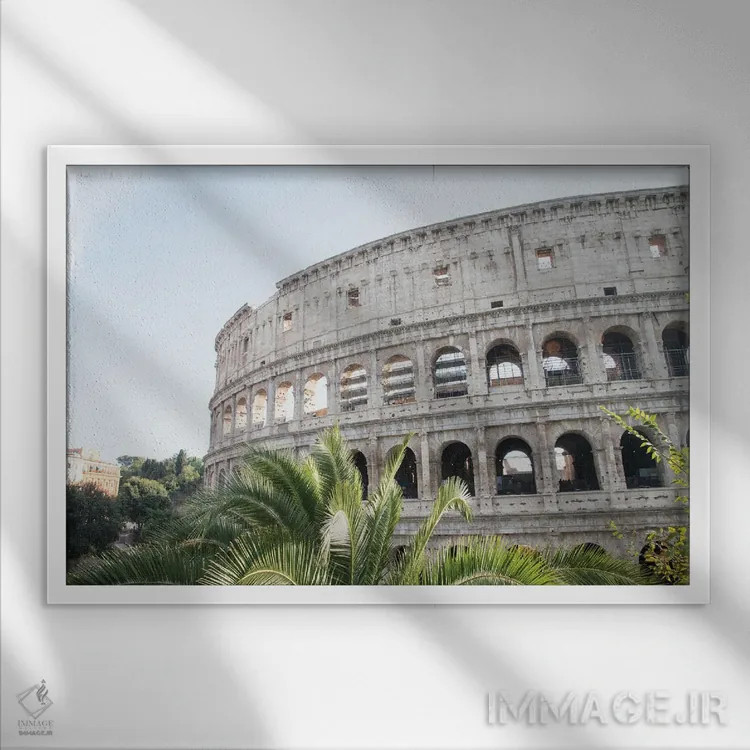 تابلو کلوسئوم رم همراه با نخل سوم اثر هنر آنیتا و بلا - نمای قابدار سفید