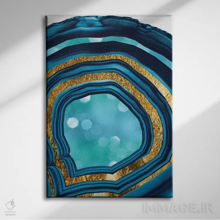 تابلو آگات آبی آبی و طلایی یکم اثر هنر آنیتا و بلا - نمای روبهرو روی دیوار