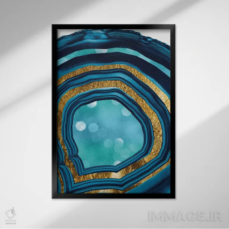 تابلو آگات آبی آبی و طلایی یکم اثر هنر آنیتا و بلا - نمای قابدار مشکی