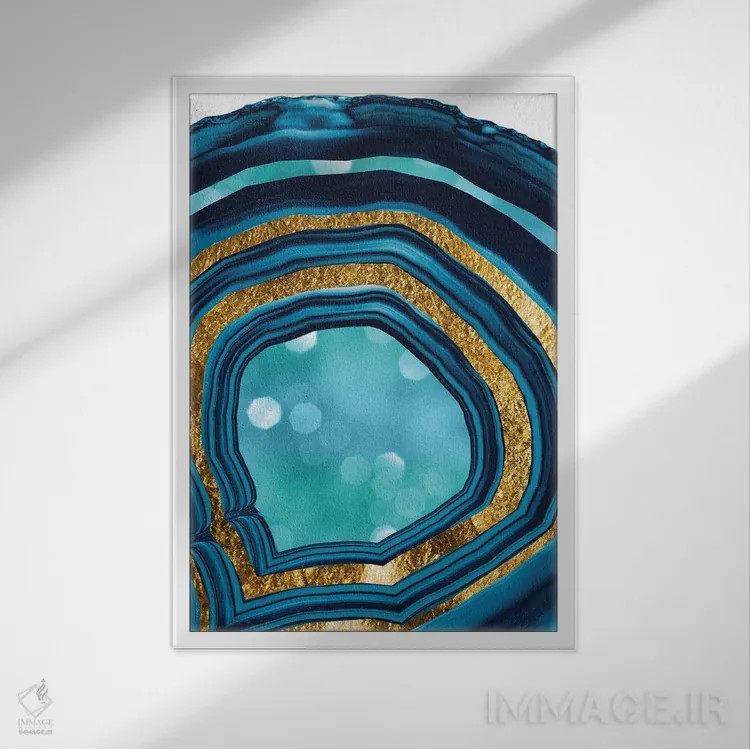 تابلو آگات آبی آبی و طلایی یکم اثر هنر آنیتا و بلا - نمای قابدار سفید