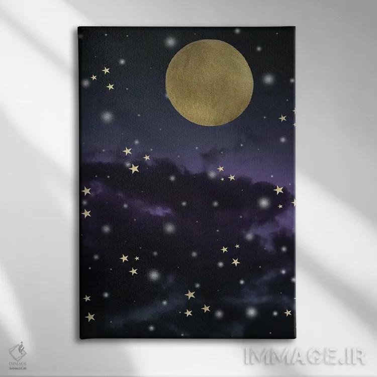 تابلو آسمان شب ستارهای مهآلود بنفش و آبی نیمهشب یکم اثر هنر آنیتا و بلا - نمای روبهرو روی دیوار