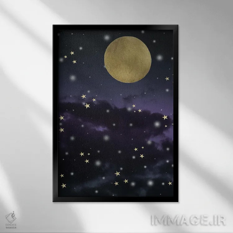 تابلو آسمان شب ستارهای مهآلود بنفش و آبی نیمهشب یکم اثر هنر آنیتا و بلا - نمای قابدار مشکی