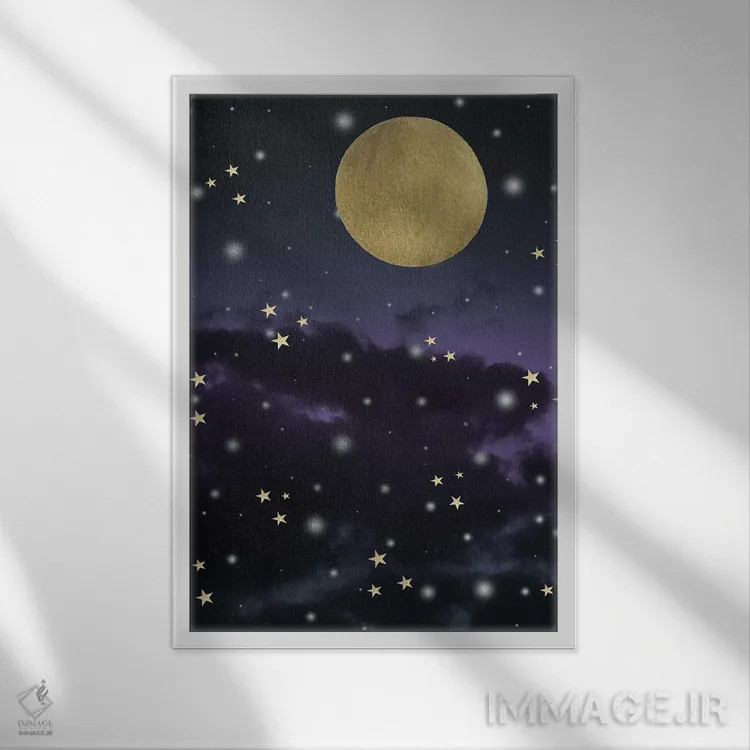 تابلو آسمان شب ستارهای مهآلود بنفش و آبی نیمهشب یکم اثر هنر آنیتا و بلا - نمای قابدار سفید