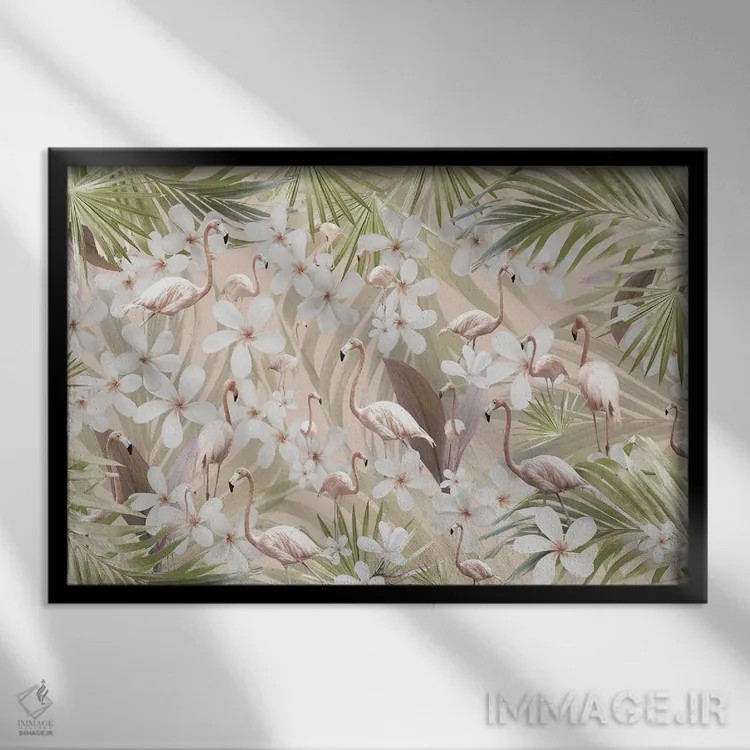 تابلو عشق پاستلی فلامینگو و جنگل سوم اثر هنر آنیتا و بلا - نمای قابدار مشکی