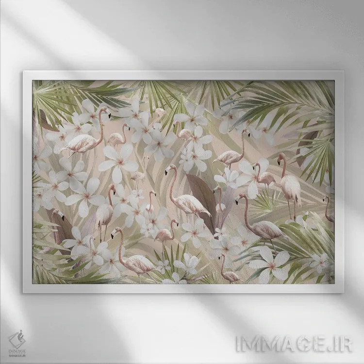 تابلو عشق پاستلی فلامینگو و جنگل سوم اثر هنر آنیتا و بلا - نمای قابدار سفید